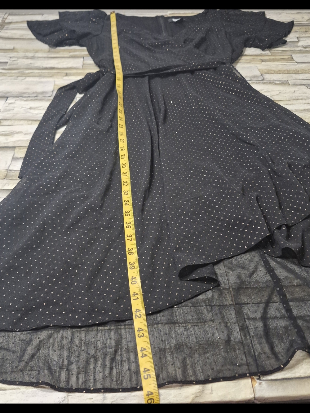 DKNY Faux Wrap Midi Dress Women's 14 Black Gold Metallic Polka Dot Cocktail - Picture 6 of 12
